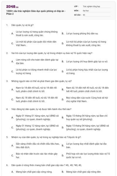 1000+ câu trắc nghiệm Giáo dục quốc phòng có đáp án - Phần 2