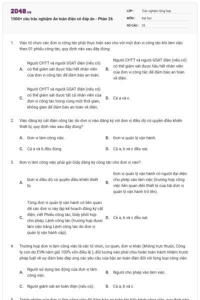 1000+ câu trắc nghiệm An toàn điện có đáp án - Phần 26