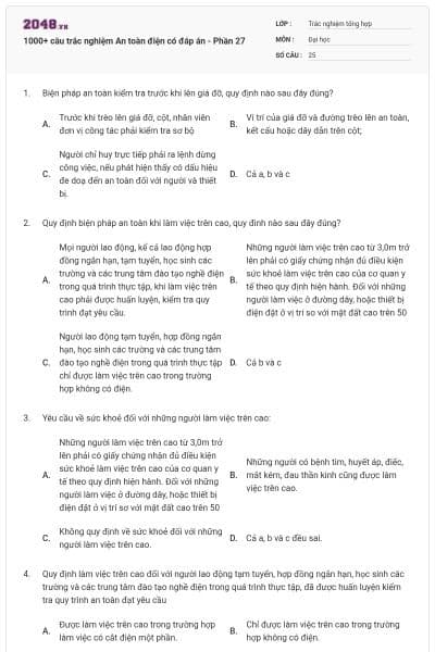 1000+ câu trắc nghiệm An toàn điện có đáp án - Phần 27