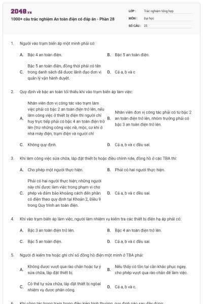 1000+ câu trắc nghiệm An toàn điện có đáp án - Phần 28