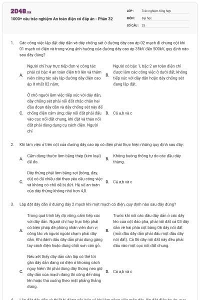 1000+ câu trắc nghiệm An toàn điện có đáp án - Phần 32