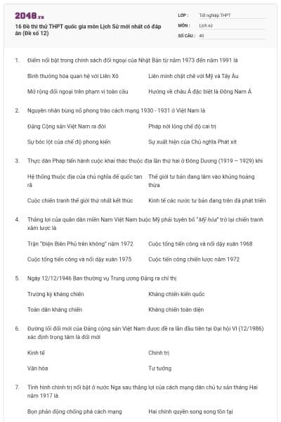 16 Đề thi thử THPT quốc gia môn Lịch Sử mới nhất có đáp án (Đề số 12)