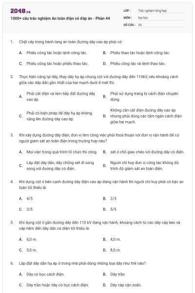 1000+ câu trắc nghiệm An toàn điện có đáp án - Phần 44