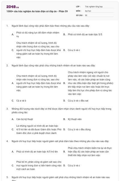 1000+ câu trắc nghiệm An toàn điện có đáp án - Phần 59