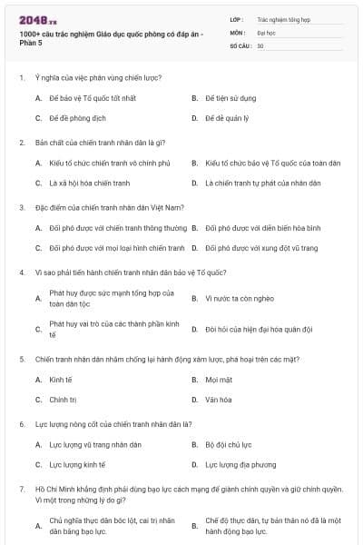 1000+ câu trắc nghiệm Giáo dục quốc phòng có đáp án - Phần 5