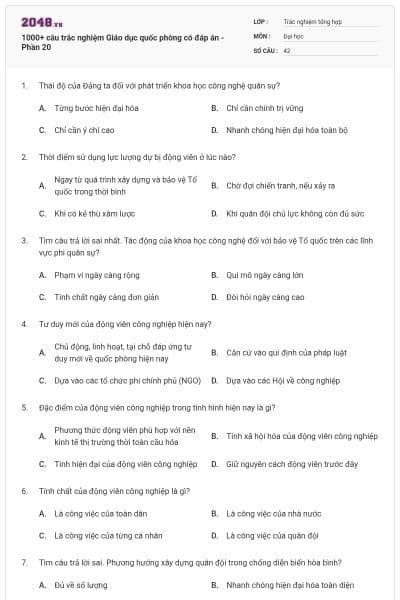 1000+ câu trắc nghiệm Giáo dục quốc phòng có đáp án - Phần 20