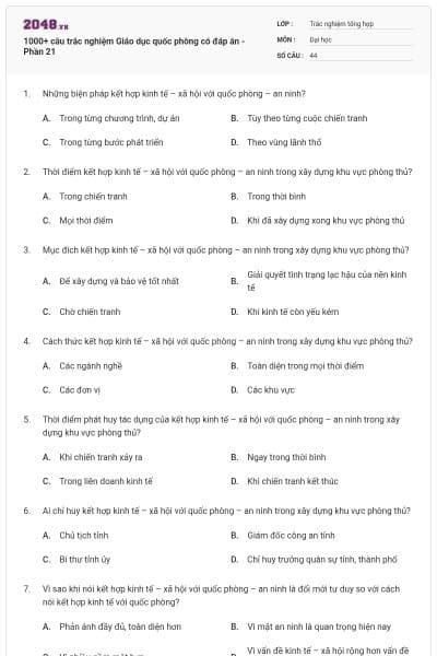 1000+ câu trắc nghiệm Giáo dục quốc phòng có đáp án - Phần 21