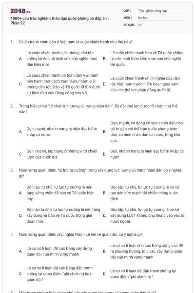 1000+ câu trắc nghiệm Giáo dục quốc phòng có đáp án - Phần 22