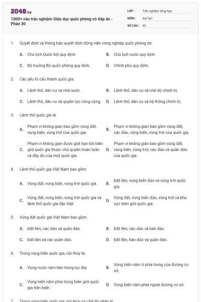 1000+ câu trắc nghiệm Giáo dục quốc phòng có đáp án - Phần 30