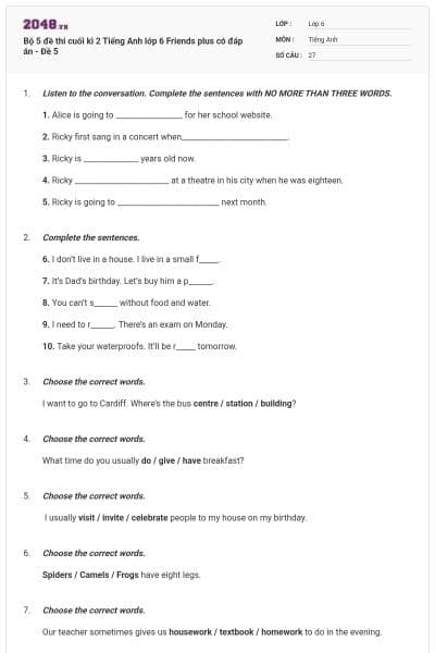 Bộ 5 đề thi cuối kì 2 Tiếng Anh lớp 6 Friends plus có đáp án - Đề 5