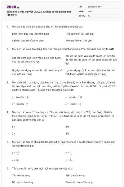 Tổng hợp đề thi thử Vật Lí 2020 cực hay có lời giải chi tiết (đề số 4)