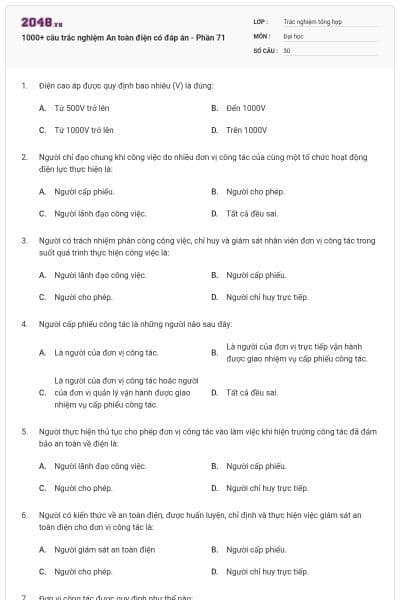 1000+ câu trắc nghiệm An toàn điện có đáp án - Phần 71