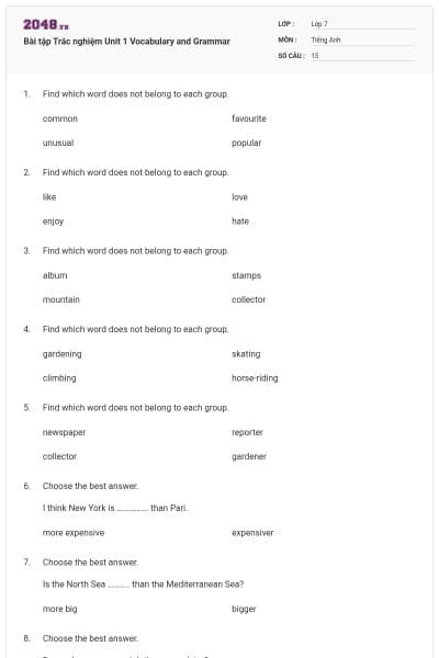 Bài tập Trắc nghiệm Unit 1 Vocabulary and Grammar