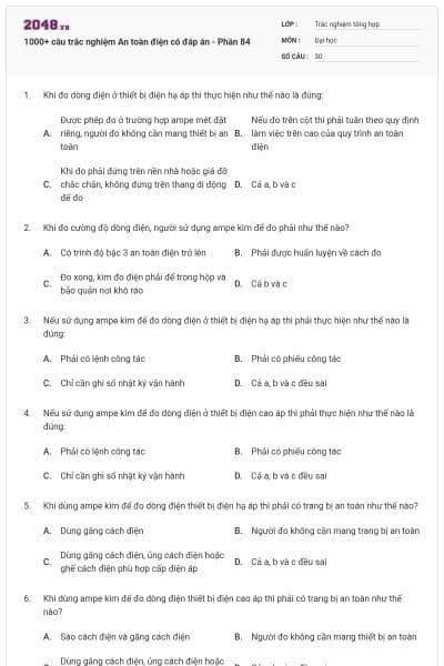 1000+ câu trắc nghiệm An toàn điện có đáp án - Phần 84