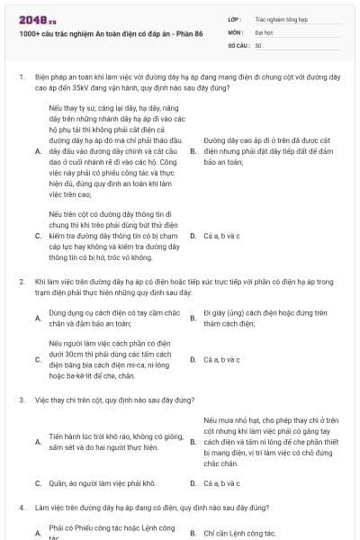 1000+ câu trắc nghiệm An toàn điện có đáp án - Phần 86