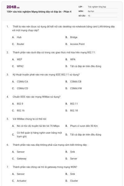 100+ câu trắc nghiệm Mạng không dây có đáp án - Phần 4