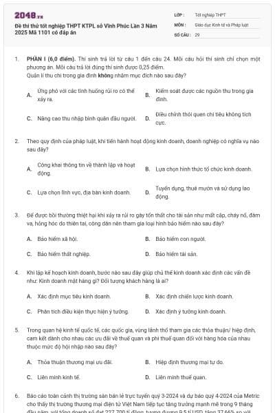 Đề thi thử tốt nghiệp THPT KTPL sở Vĩnh Phúc Lần 3 Năm 2025 Mã 1101 có đáp án