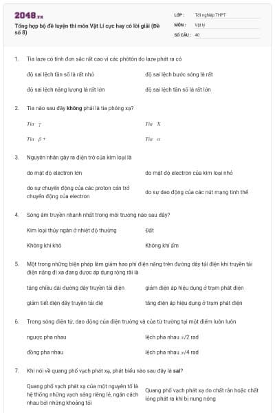 Tổng hợp bộ đề luyện thi môn Vật Lí cực hay có lời giải (Đề số 8)