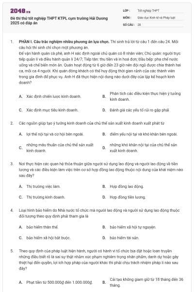 Đề thi thử tốt nghiệp THPT KTPL cụm trường Hải Dương 2025 có đáp án