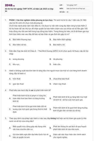 Đề thi thử tốt nghiệp THPT KTPL sở Đăk Lăk 2025 có đáp án