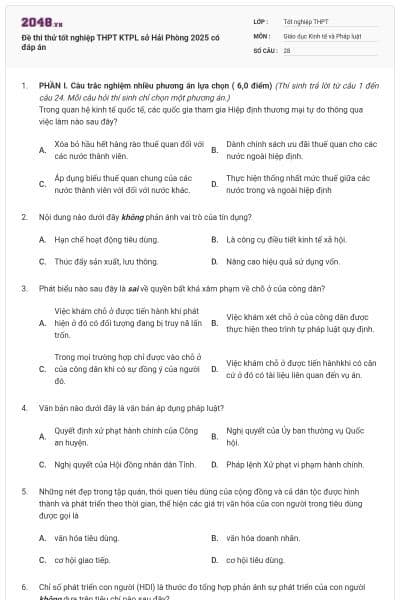 Đề thi thử tốt nghiệp THPT KTPL sở Hải Phòng 2025 có đáp án