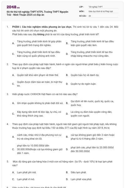 Đề thi thử tốt nghiệp THPT KTPL Trường THPT Nguyễn Trãi - Ninh Thuận 2025 có đáp án