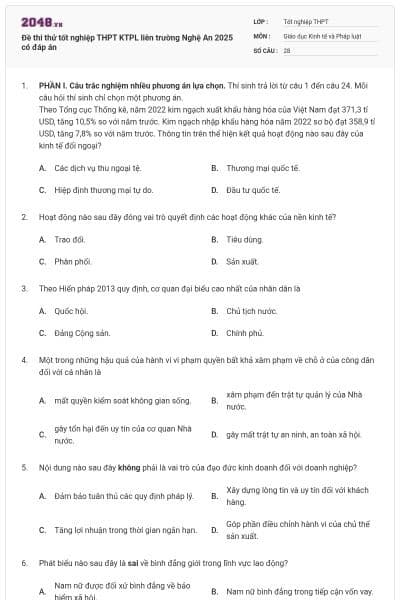 Đề thi thử tốt nghiệp THPT KTPL liên trường Nghệ An 2025 có đáp án