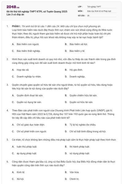 Đề thi thử tốt nghiệp THPT KTPL sở Tuyên Quang 2025 Lần 3 có đáp án