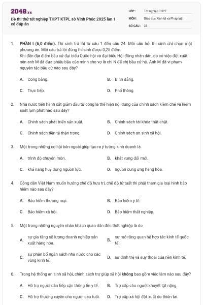 Đề thi thử tốt nghiệp THPT KTPL sở Vĩnh Phúc 2025 lần 1 có đáp án