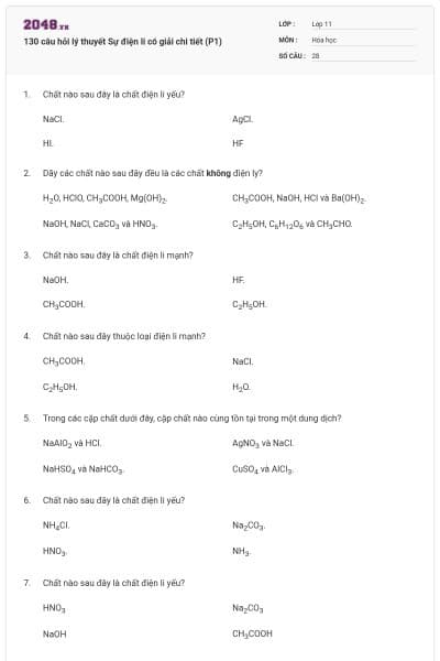 130 câu hỏi lý thuyết Sự điện li có giải chi tiết (P1)