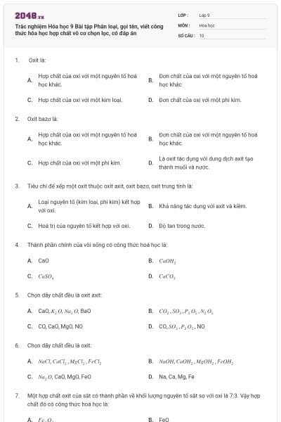 Trắc nghiệm Hóa học 9 Bài tập Phân loại, gọi tên, viết công thức hóa học hợp chất vô cơ chọn lọc, có đáp án