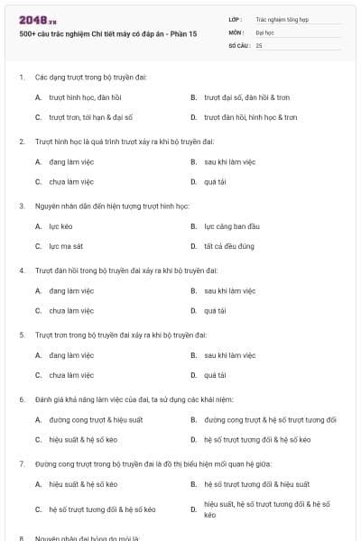 500+ câu trắc nghiệm Chi tiết máy có đáp án - Phần 15