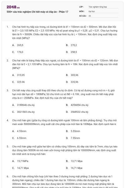 500+ câu trắc nghiệm Chi tiết máy có đáp án - Phần 17
