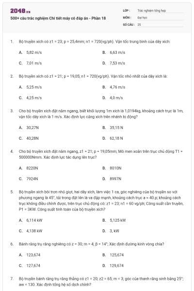 500+ câu trắc nghiệm Chi tiết máy có đáp án - Phần 18
