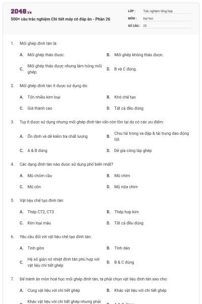 500+ câu trắc nghiệm Chi tiết máy có đáp án - Phần 26