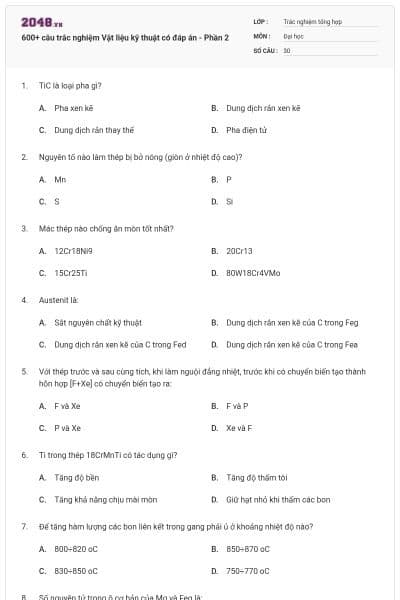 600+ câu trắc nghiệm Vật liệu kỹ thuật có đáp án - Phần 2