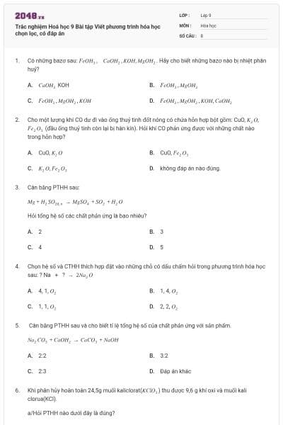 Trắc nghiệm Hoá học 9 Bài tập Viết phương trình hóa học chọn lọc, có đáp án