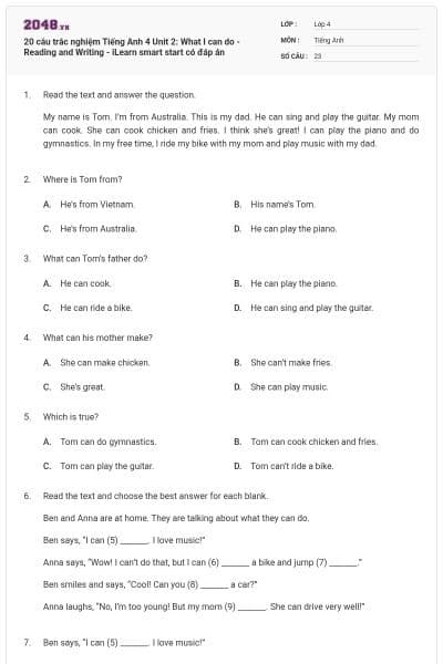 20 câu trắc nghiệm Tiếng Anh 4 Unit 2: What I can do - Reading and Writing - iLearn smart start có đáp án