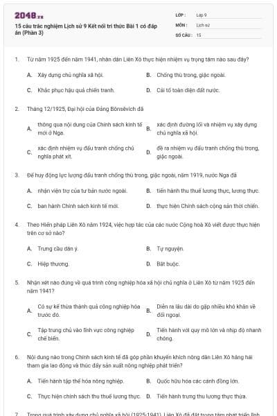 15 câu trắc nghiệm Lịch sử 9 Kết nối tri thức Bài 1 có đáp án (Phần 3)