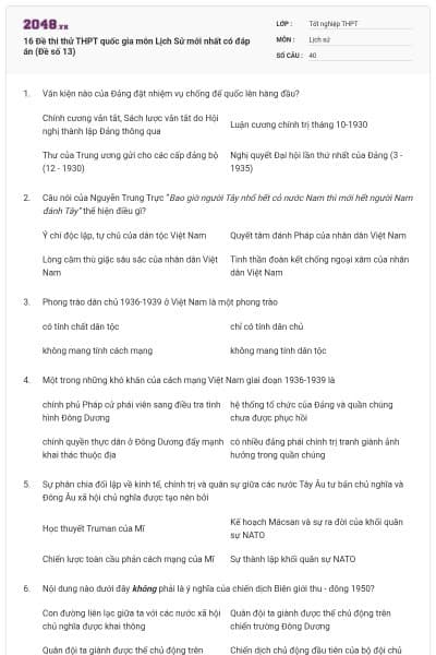 16 Đề thi thử THPT quốc gia môn Lịch Sử mới nhất có đáp án (Đề số 13)