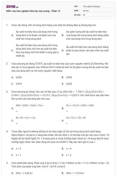 800+ câu trắc nghiệm Hóa học đại cương - Phần 12