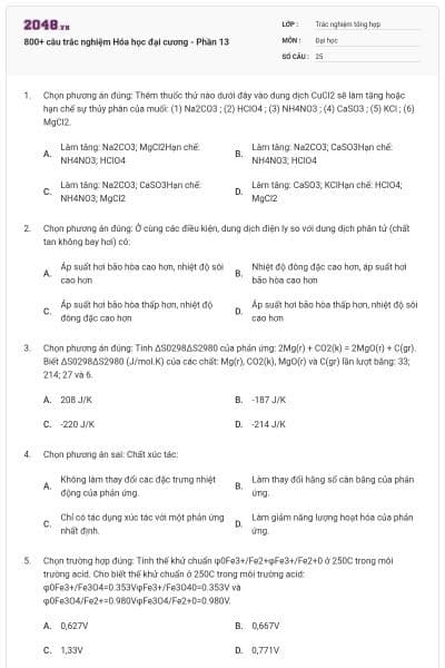 800+ câu trắc nghiệm Hóa học đại cương - Phần 13