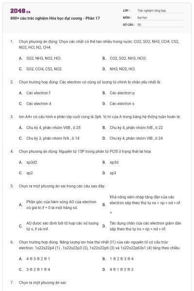 800+ câu trắc nghiệm Hóa học đại cương - Phần 17