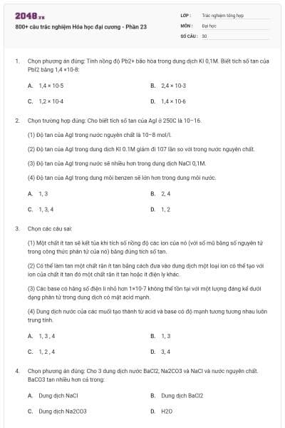 800+ câu trắc nghiệm Hóa học đại cương - Phần 23
