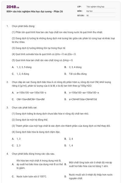 800+ câu trắc nghiệm Hóa học đại cương - Phần 26