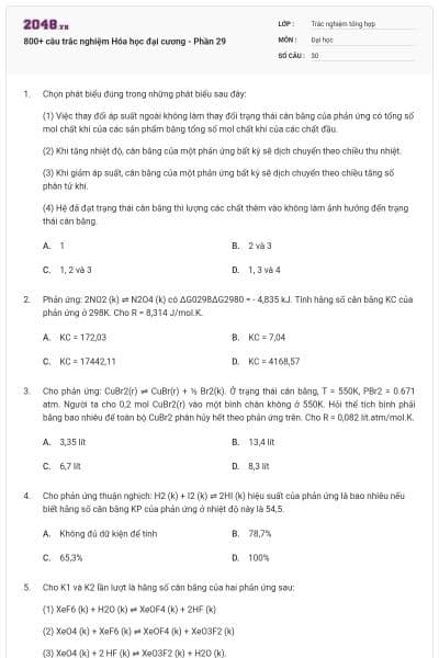 800+ câu trắc nghiệm Hóa học đại cương - Phần 29