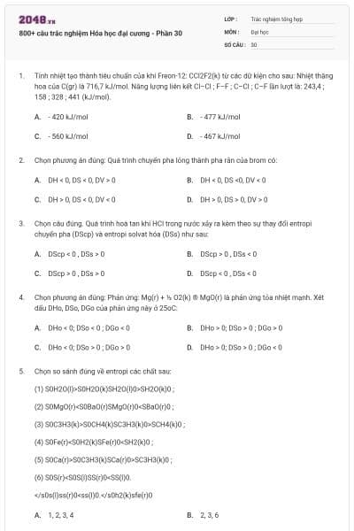 800+ câu trắc nghiệm Hóa học đại cương - Phần 30
