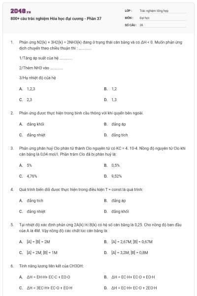 800+ câu trắc nghiệm Hóa học đại cương - Phần 37