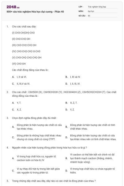 800+ câu trắc nghiệm Hóa học đại cương - Phần 40