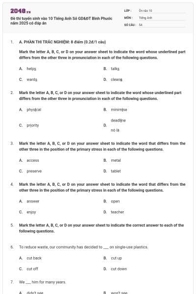 Đề thi tuyển sinh vào 10 Tiếng Anh Sở GD&ĐT Bình Phước năm 2025 có đáp án
